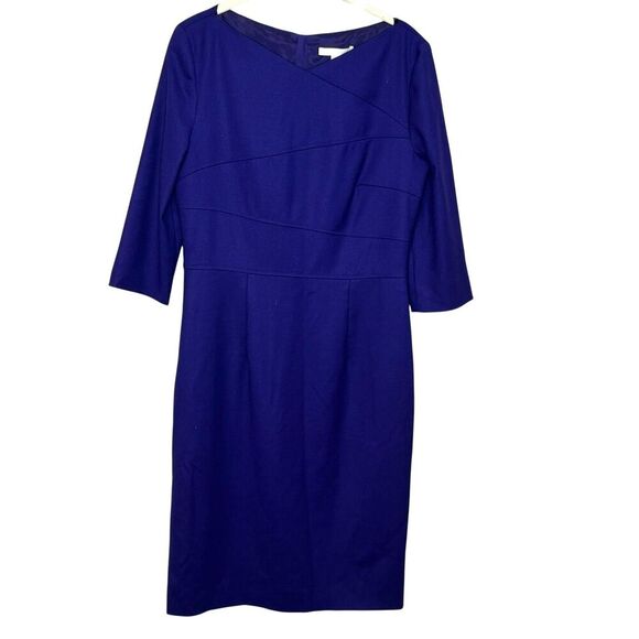 BOSS Dress Womens US 6 Blue Dripera Sheath Three Quarter Sleeve Knee Length Work - Picture 1 of 10